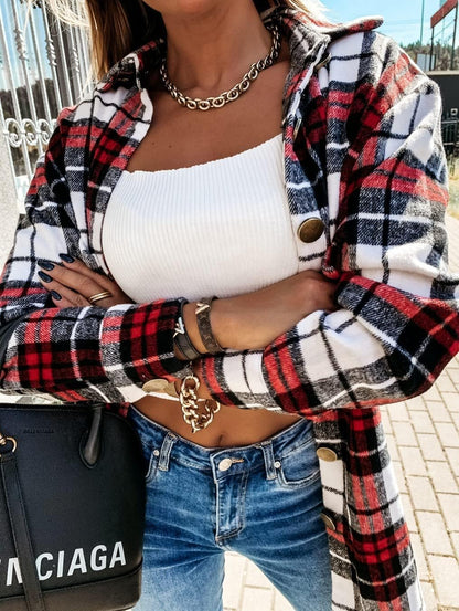 Women Plaid Shirt Button down Flannel Shacket Long Sleeve Coat Jacket Tops Trendy 2025