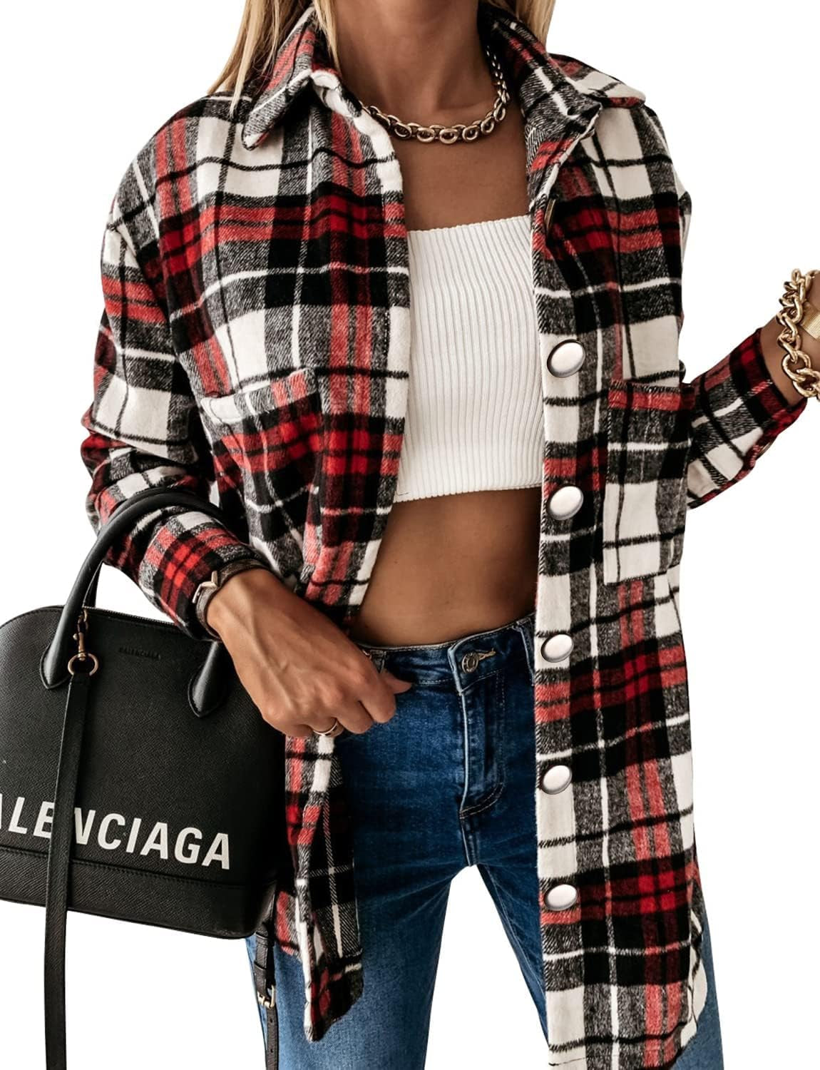 Women Plaid Shirt Button down Flannel Shacket Long Sleeve Coat Jacket Tops Trendy 2025
